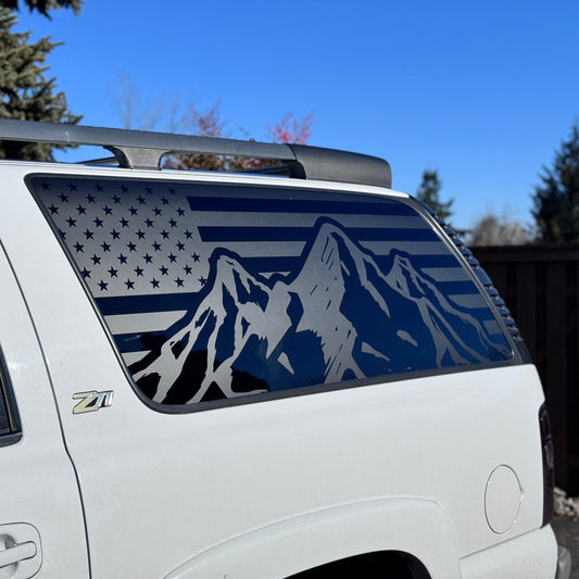 Mountain Range + American Flag Window Decals - Set of 2 For Vehicle Window